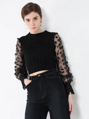 Women Black Self Design Round Neck Acrylic Top