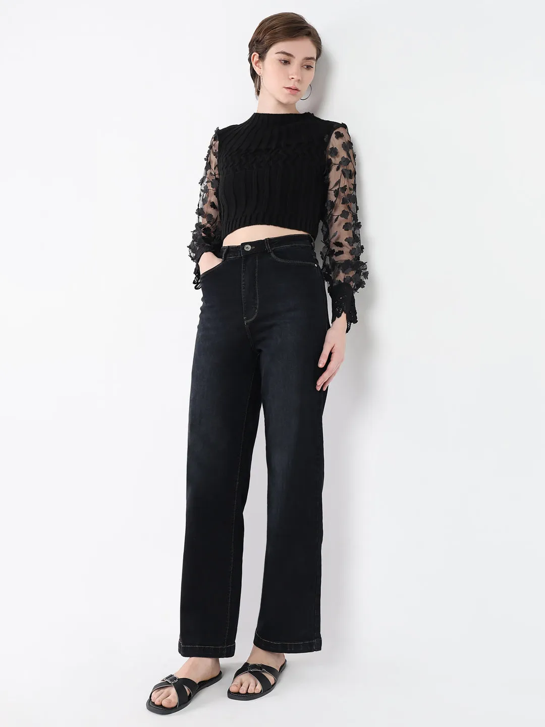 Women Black Self Design Round Neck Acrylic Top
