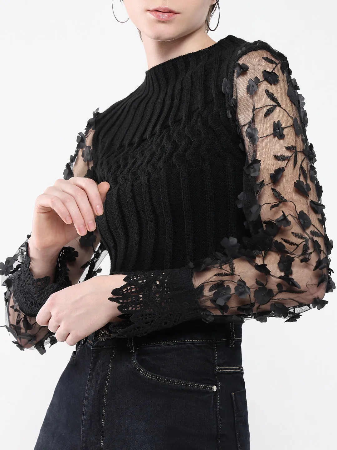 Women Black Self Design Round Neck Acrylic Top