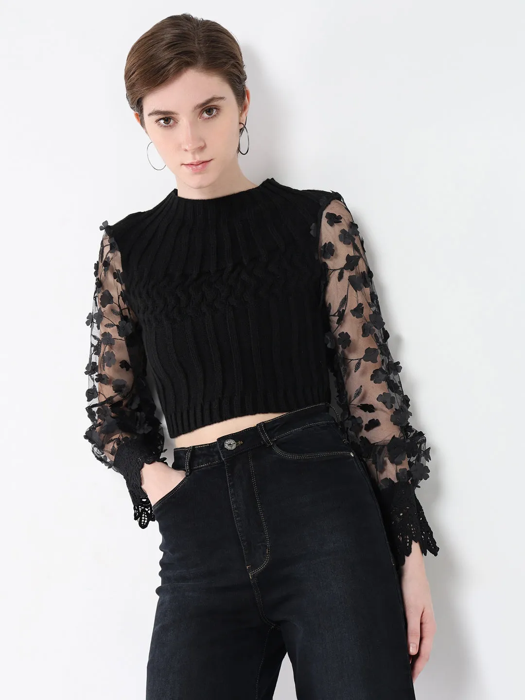 Women Black Self Design Round Neck Acrylic Top