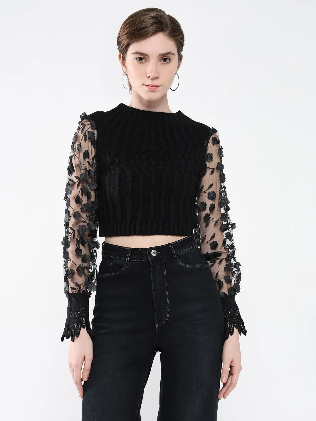 Women Black Self Design Round Neck Acrylic Top