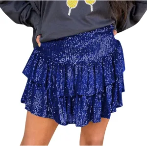 Women Sequin Skirt Sparkly Cute High Waist Ruffle Skirt Fashion 2025 Teen Girls Night Out Party Glitter Mini Skirt