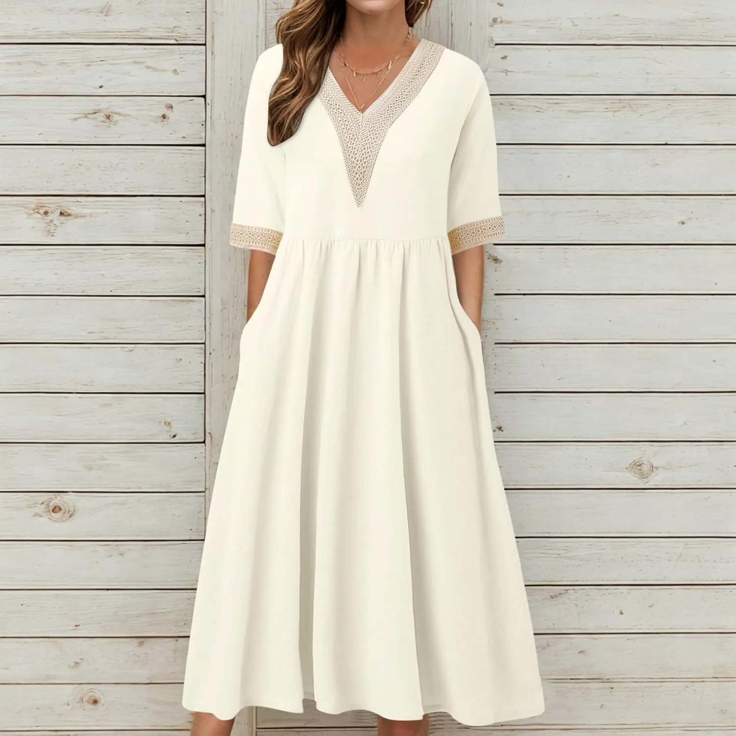 Women Solid Color Midi Dress Lace V Neck Short Sleeve Mid Length Dress Mini Loose Fit