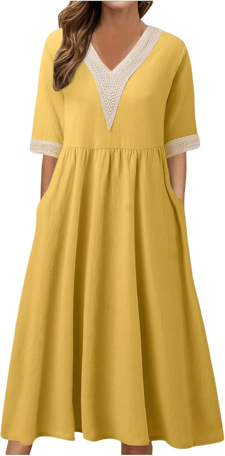 Women Solid Color Midi Dress Lace V Neck Short Sleeve Mid Length Dress Mini Loose Fit