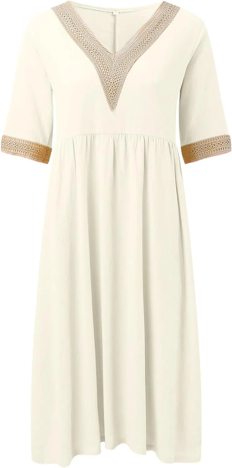 Women Solid Color Midi Dress Lace V Neck Short Sleeve Mid Length Dress Mini Loose Fit