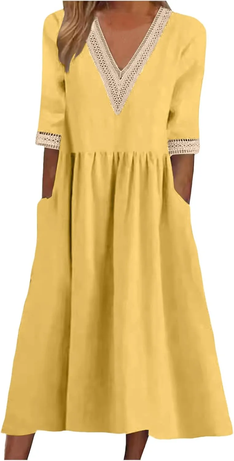 Women Solid Color Midi Dress Lace V Neck Short Sleeve Mid Length Dress Mini Loose Fit
