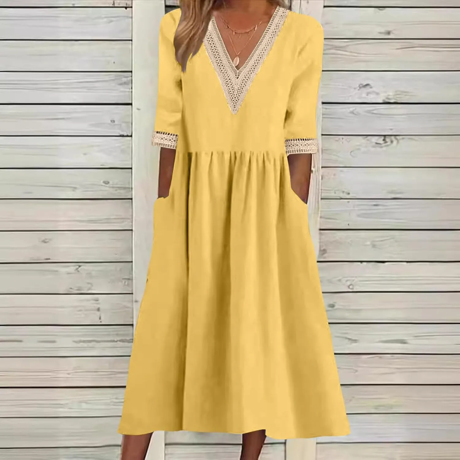 Women Solid Color Midi Dress Lace V Neck Short Sleeve Mid Length Dress Mini Loose Fit