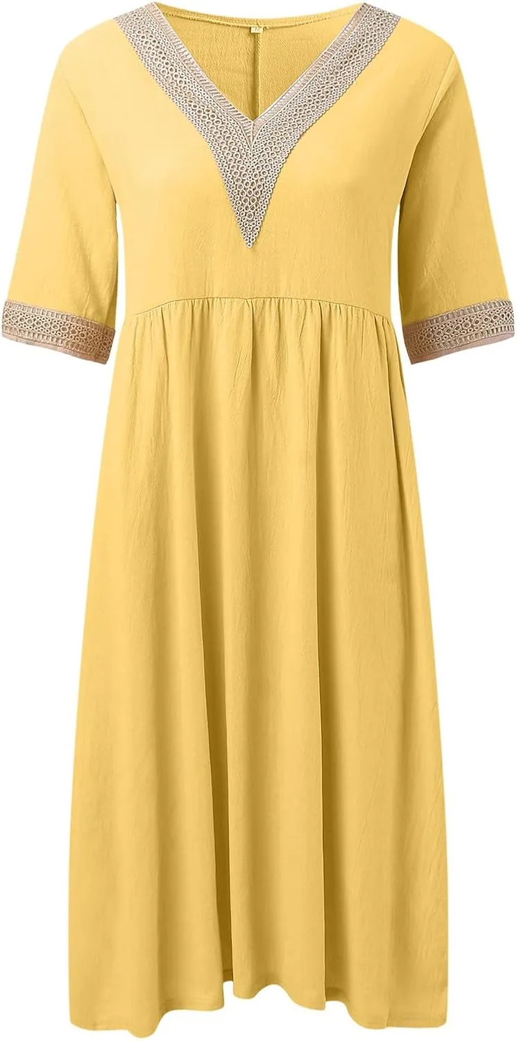 Women Solid Color Midi Dress Lace V Neck Short Sleeve Mid Length Dress Mini Loose Fit