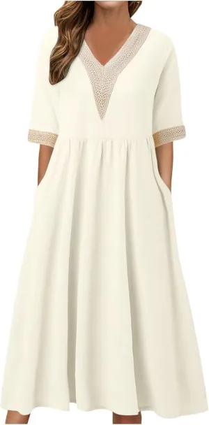 Women Solid Color Midi Dress Lace V Neck Short Sleeve Mid Length Dress Mini Loose Fit