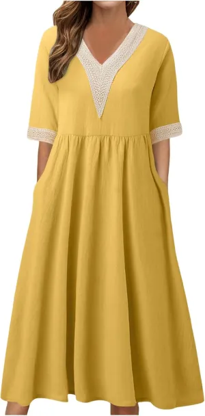 Women Solid Color Midi Dress Lace V Neck Short Sleeve Mid Length Dress Mini Loose Fit
