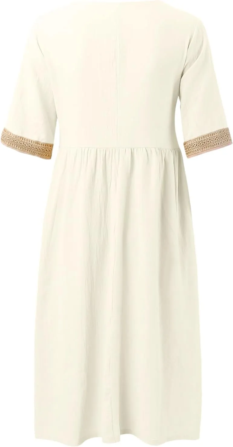 Women Solid Color Midi Dress Lace V Neck Short Sleeve Mid Length Dress Mini Loose Fit