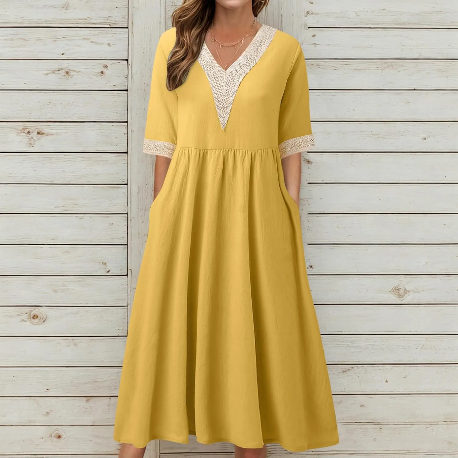 Women Solid Color Midi Dress Lace V Neck Short Sleeve Mid Length Dress Mini Loose Fit