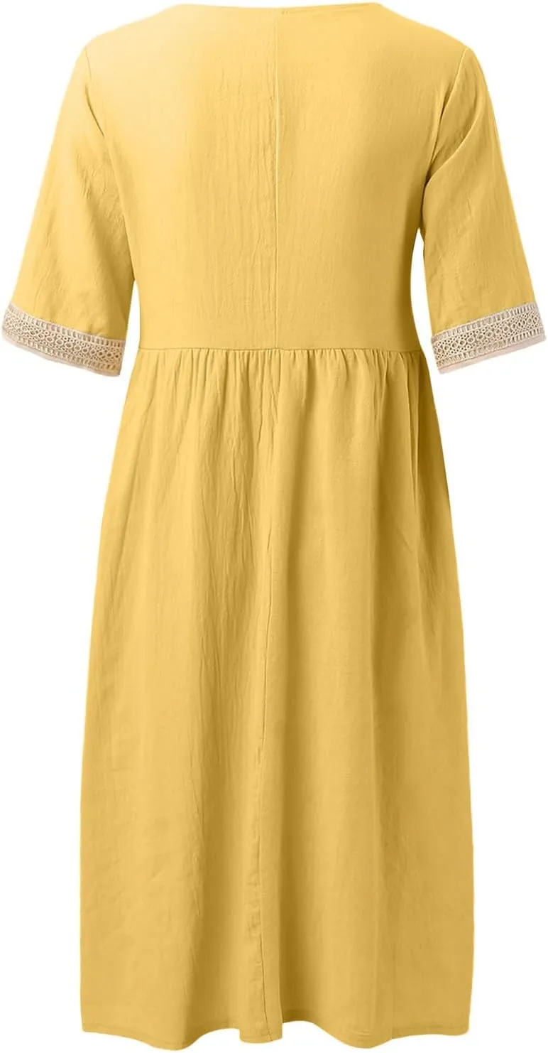 Women Solid Color Midi Dress Lace V Neck Short Sleeve Mid Length Dress Mini Loose Fit