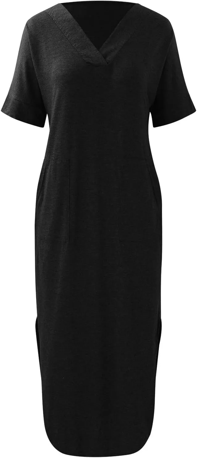 Women's 2024 T Shirt Dress Short Sleeve V Neck Solid Long Dress Side Split Casual Dresses with Pockets Dress for