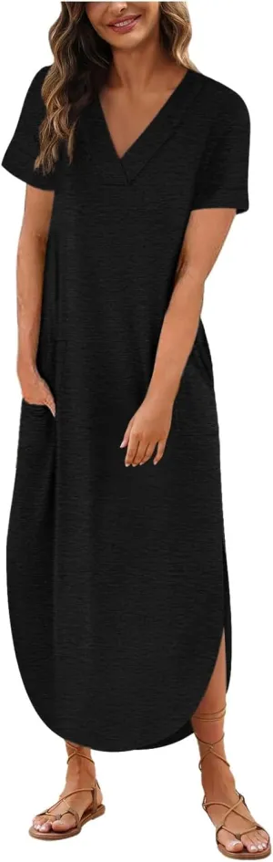Women's 2024 T Shirt Dress Short Sleeve V Neck Solid Long Dress Side Split Casual Dresses with Pockets Dress for