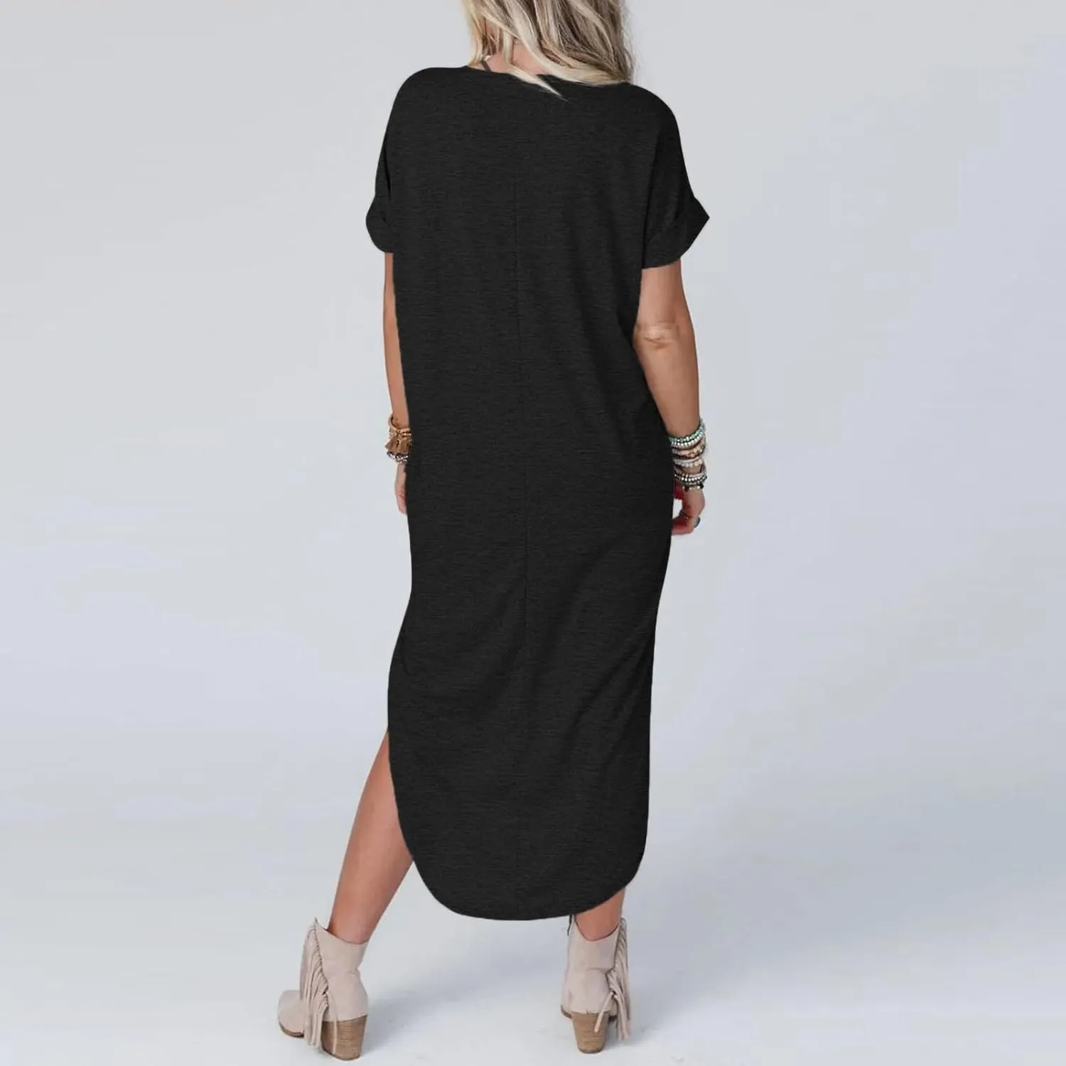 Women's 2024 T Shirt Dress Short Sleeve V Neck Solid Long Dress Side Split Casual Dresses with Pockets Dress for