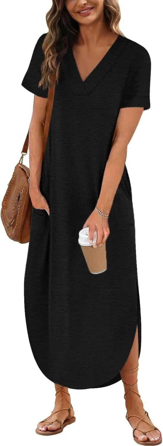 Women's 2024 T Shirt Dress Short Sleeve V Neck Solid Long Dress Side Split Casual Dresses with Pockets Dress for