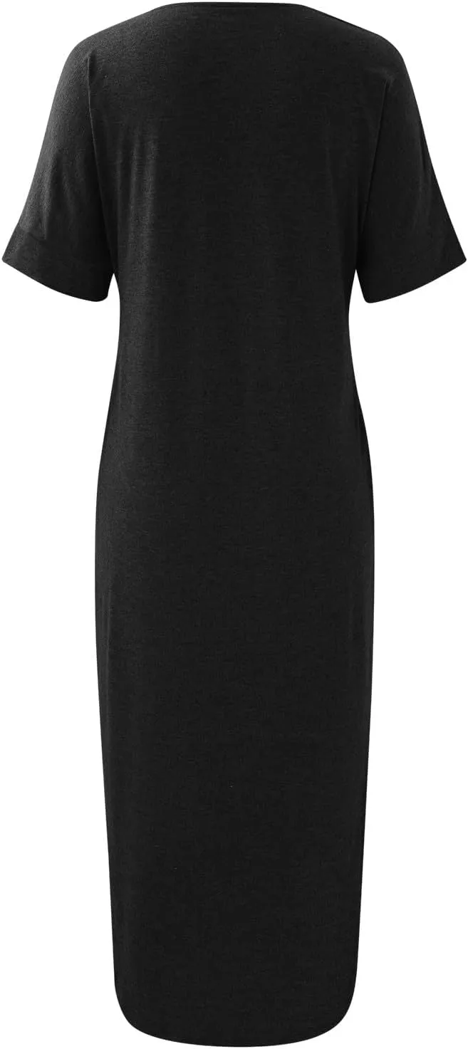 Women's 2024 T Shirt Dress Short Sleeve V Neck Solid Long Dress Side Split Casual Dresses with Pockets Dress for
