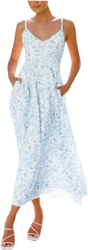Womens Beach Dresses Bohemian Style Floral Midi Dress Sleeveless V-Neck Pleated A-Line Sling Dress Summer Sundress