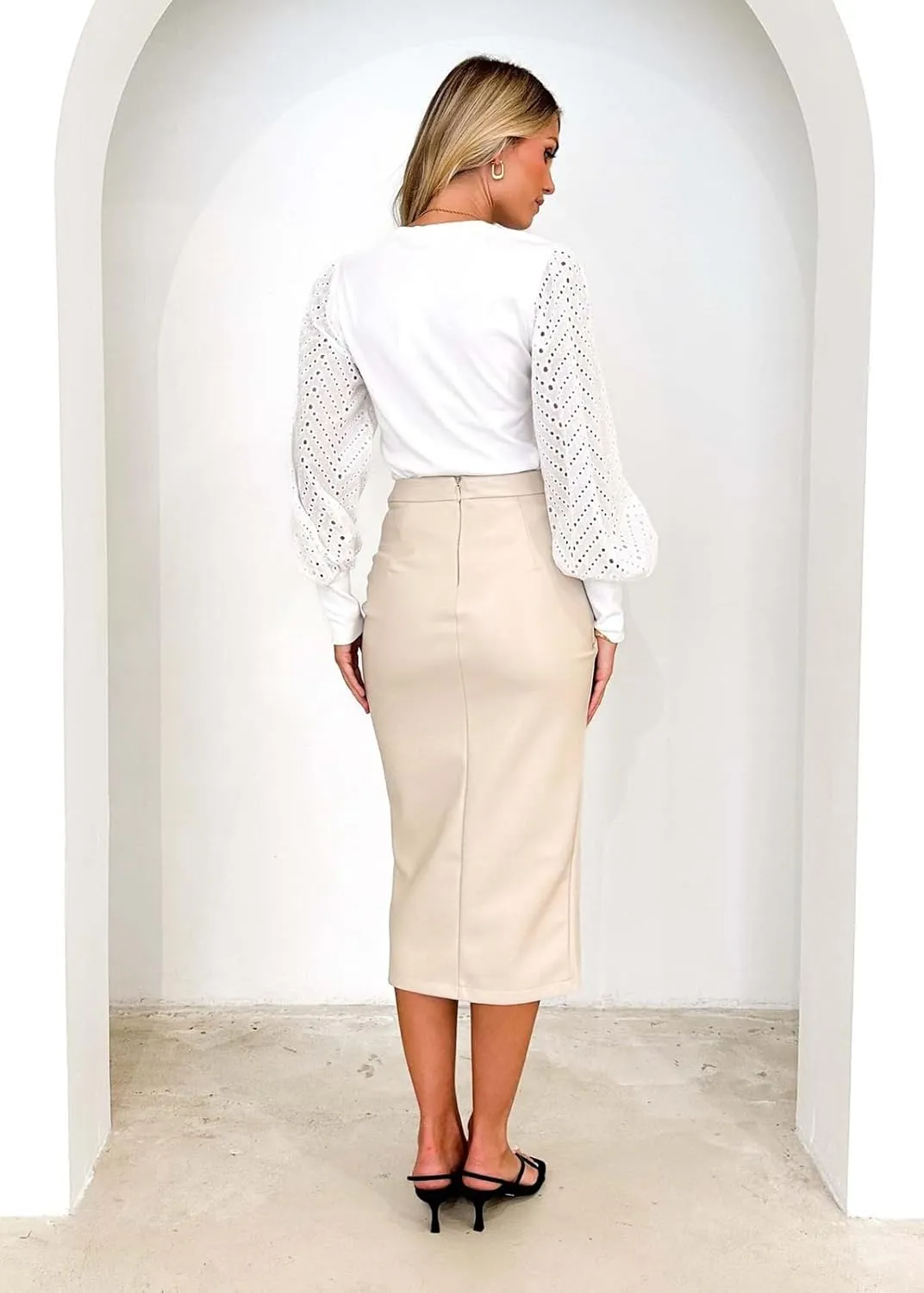 Womens Midi Pencil Skirts PU Leather High Waisted Skirt Sexy Bodycon Skirt