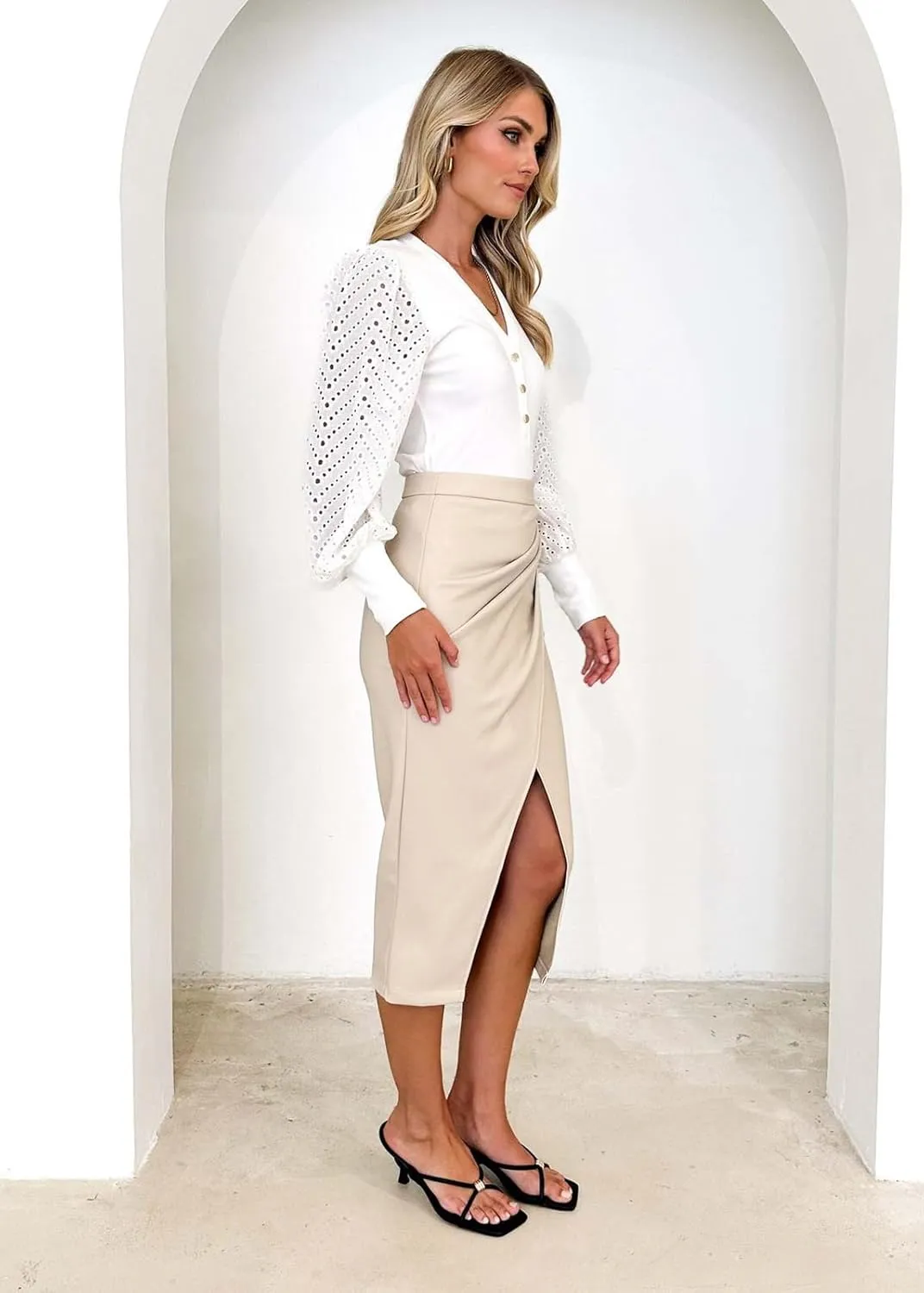 Womens Midi Pencil Skirts PU Leather High Waisted Skirt Sexy Bodycon Skirt