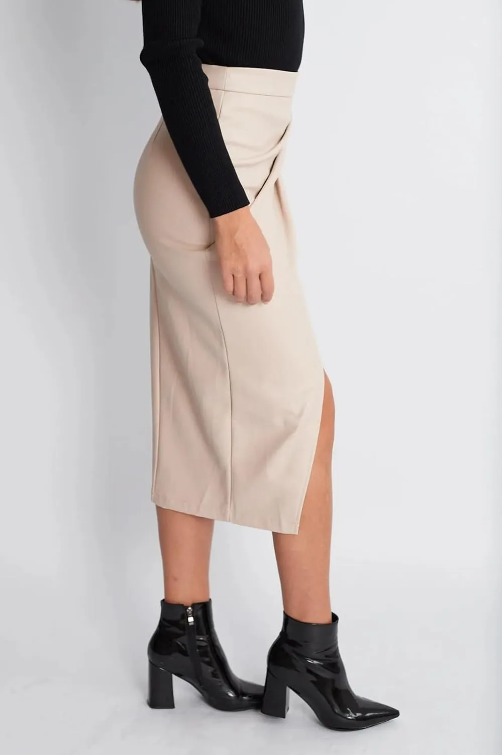 Womens Midi Pencil Skirts PU Leather High Waisted Skirt Sexy Bodycon Skirt