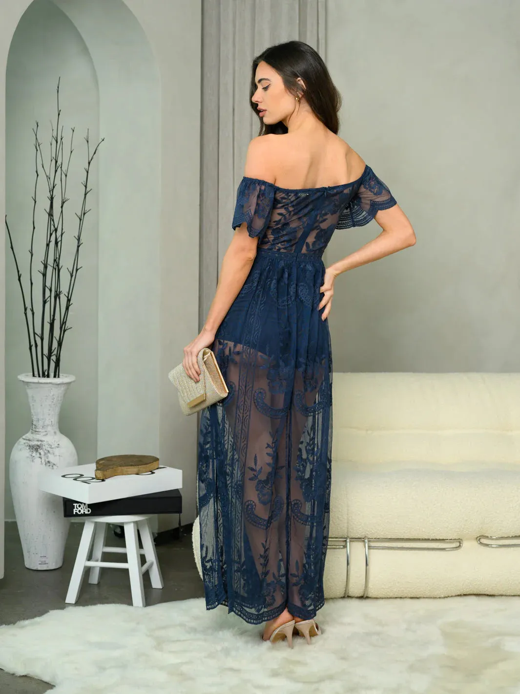 Women's off dhoulder all over lace mmaxi dress