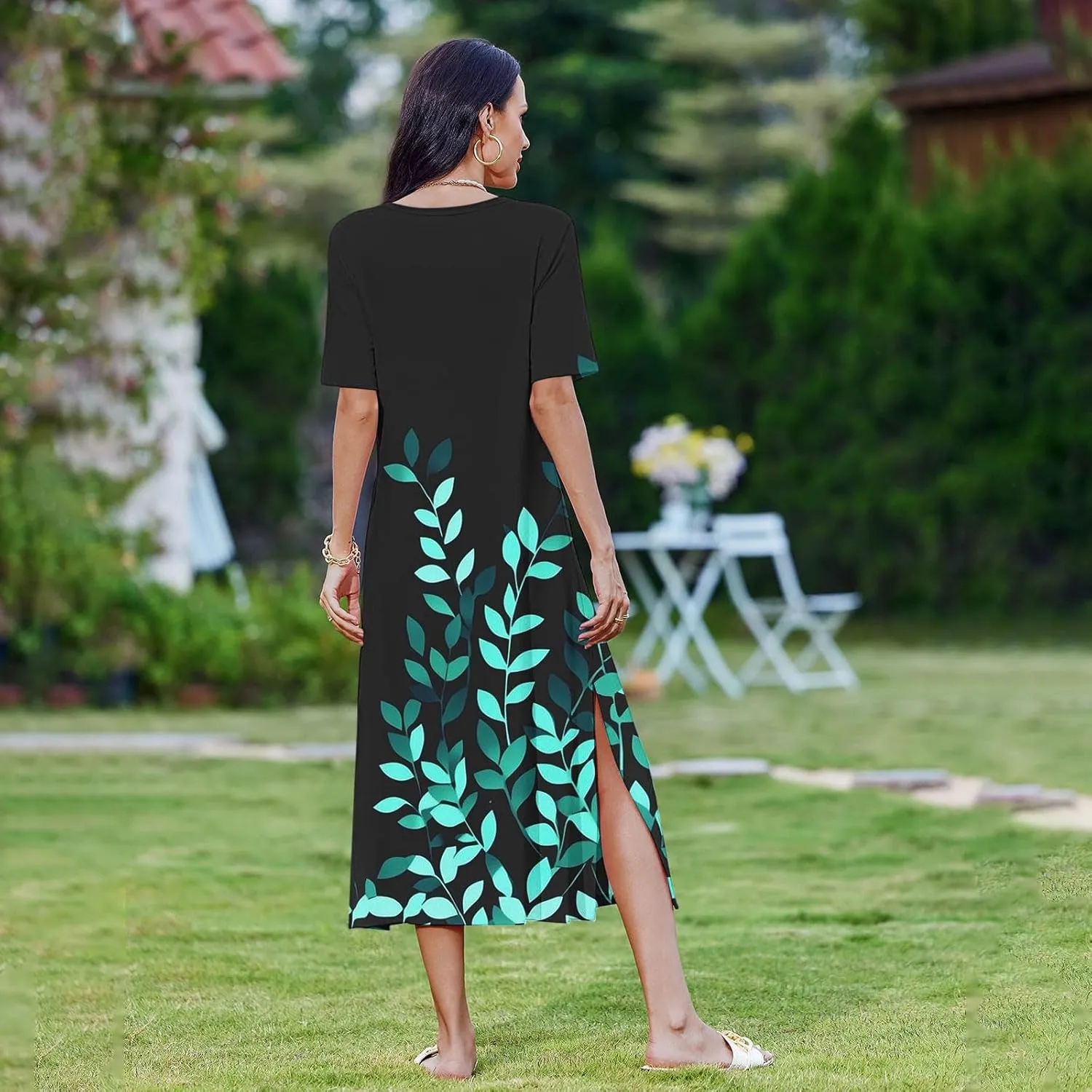 Women's Short Sleeve Boho Long Maxi Dresses Causal Vacation Floral Swing Dress Side Slits Beach Sundress with Pockets