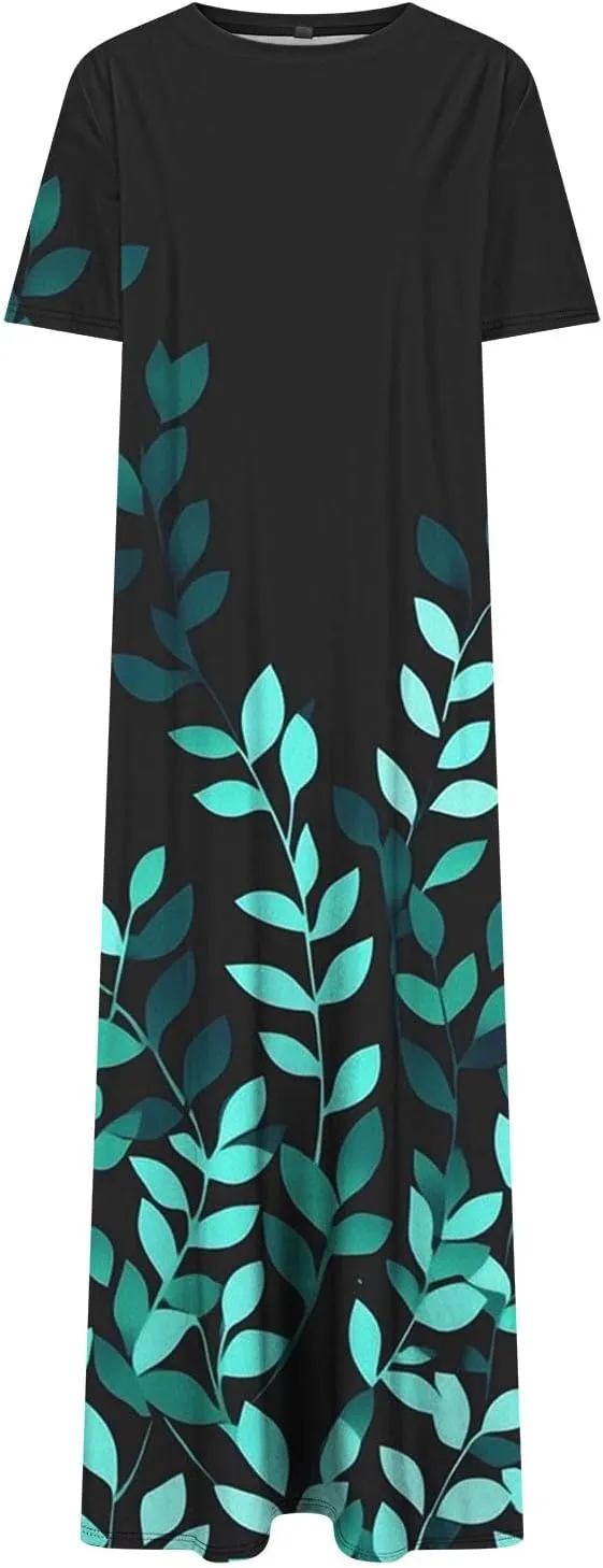 Women's Short Sleeve Boho Long Maxi Dresses Causal Vacation Floral Swing Dress Side Slits Beach Sundress with Pockets