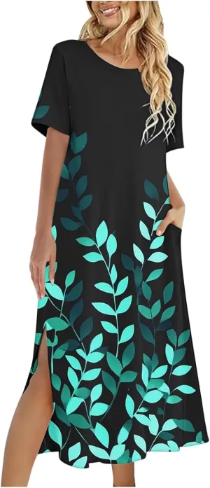 Women's Short Sleeve Boho Long Maxi Dresses Causal Vacation Floral Swing Dress Side Slits Beach Sundress with Pockets