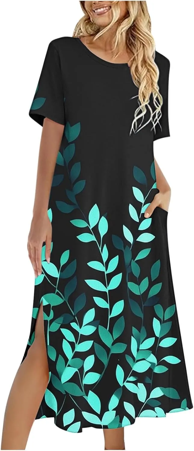 Women's Short Sleeve Boho Long Maxi Dresses Causal Vacation Floral Swing Dress Side Slits Beach Sundress with Pockets