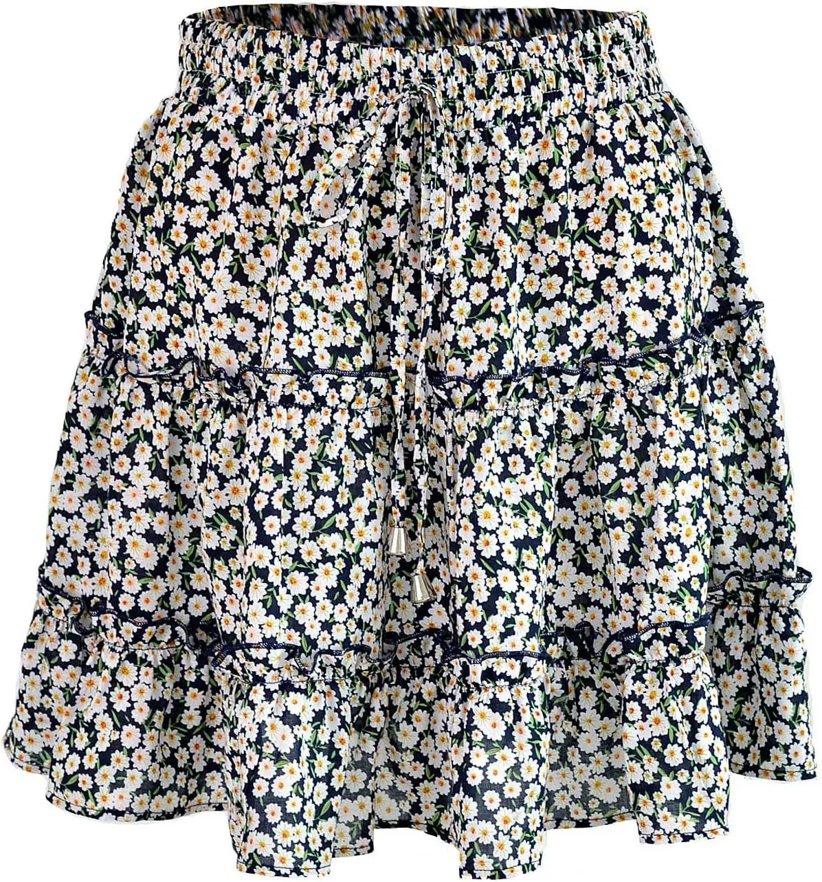 Women's Skirts for Summer 2025 Trendy Ruffle Hem Drawstring High Elastic Waist Boha Floral Print Pleated Beach Skirts