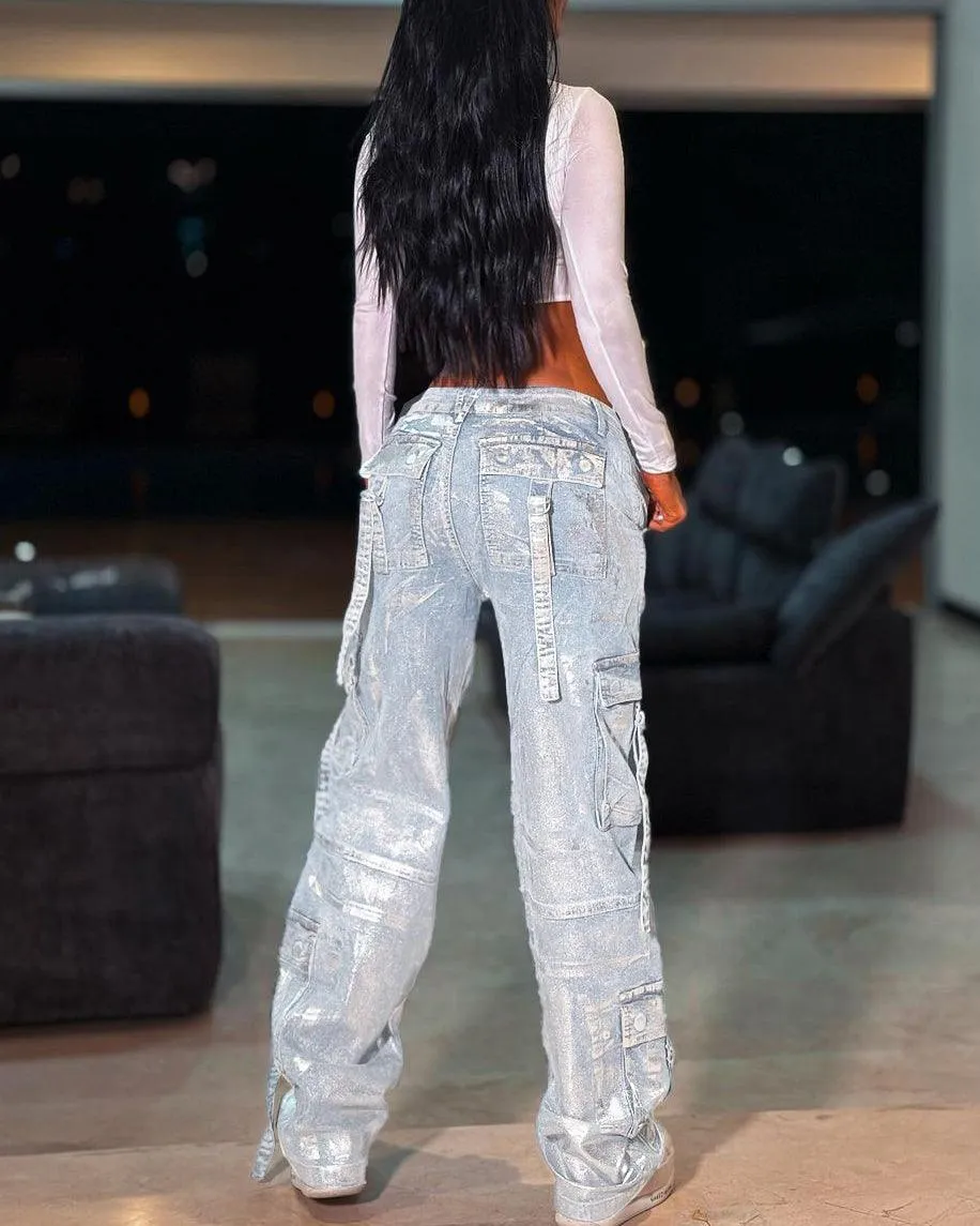 Work Style Metallic Jeans With Large Pockets