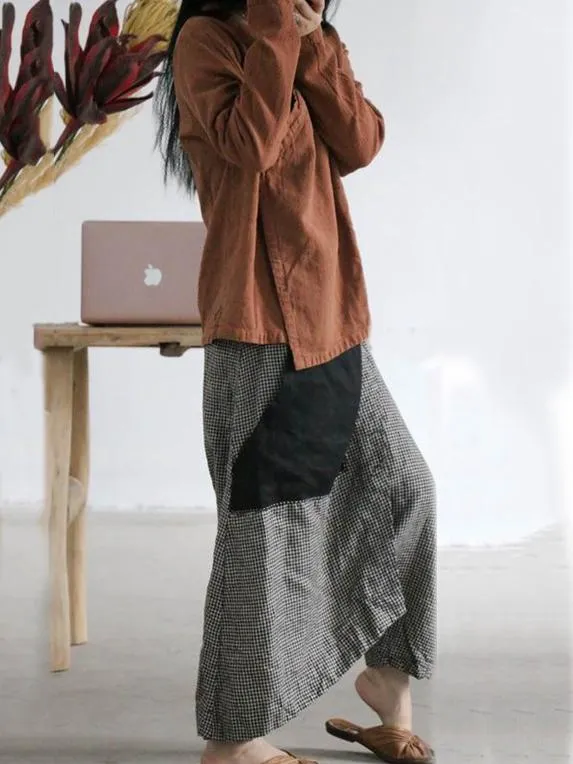 xakxx Vintage Plaid Split-joint Cropped Linen Pants