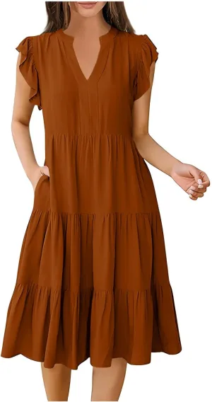 yardsong Summer Dresses for Women 2025 Trendy Ruffle Sleeve V Neck Midi Dress Casual Flowy Tiered Boho Vacation Sundresses