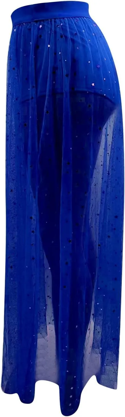 YOLAI Women Mesh See Through Skirt High Waist Galaxy Print Maxi Skirt Sexy 2 in 1 Sheer Skirt