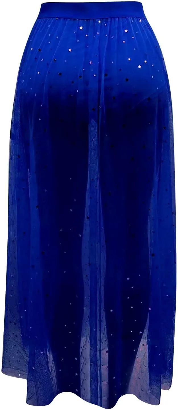 YOLAI Women Mesh See Through Skirt High Waist Galaxy Print Maxi Skirt Sexy 2 in 1 Sheer Skirt