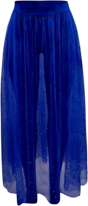 YOLAI Women Mesh See Through Skirt High Waist Galaxy Print Maxi Skirt Sexy 2 in 1 Sheer Skirt